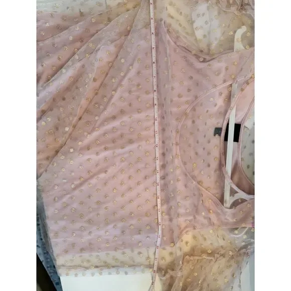Pink Gold Polka Dot Sheer Bell Sleeve Romantic Fairy Fairycore top L - Picture 6 of 7